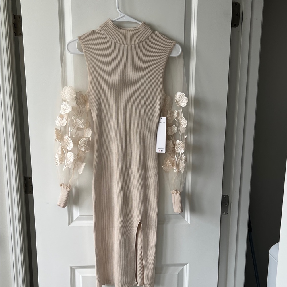 Beige Sleeveless Dress with Floral Lace Sleeves